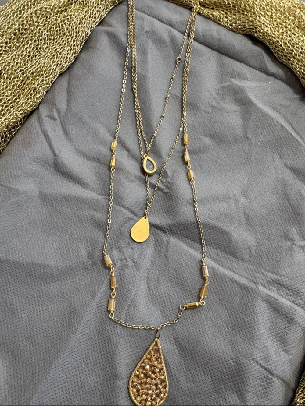 Gold Layered Crystal Teardrop Pendant Necklace NEW Long Length